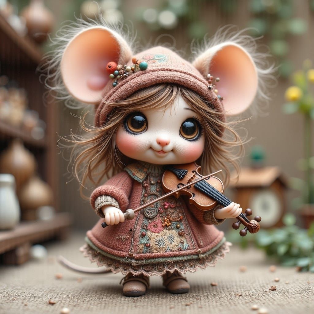 Mouse in Whimsical Patchwork Violin Concert