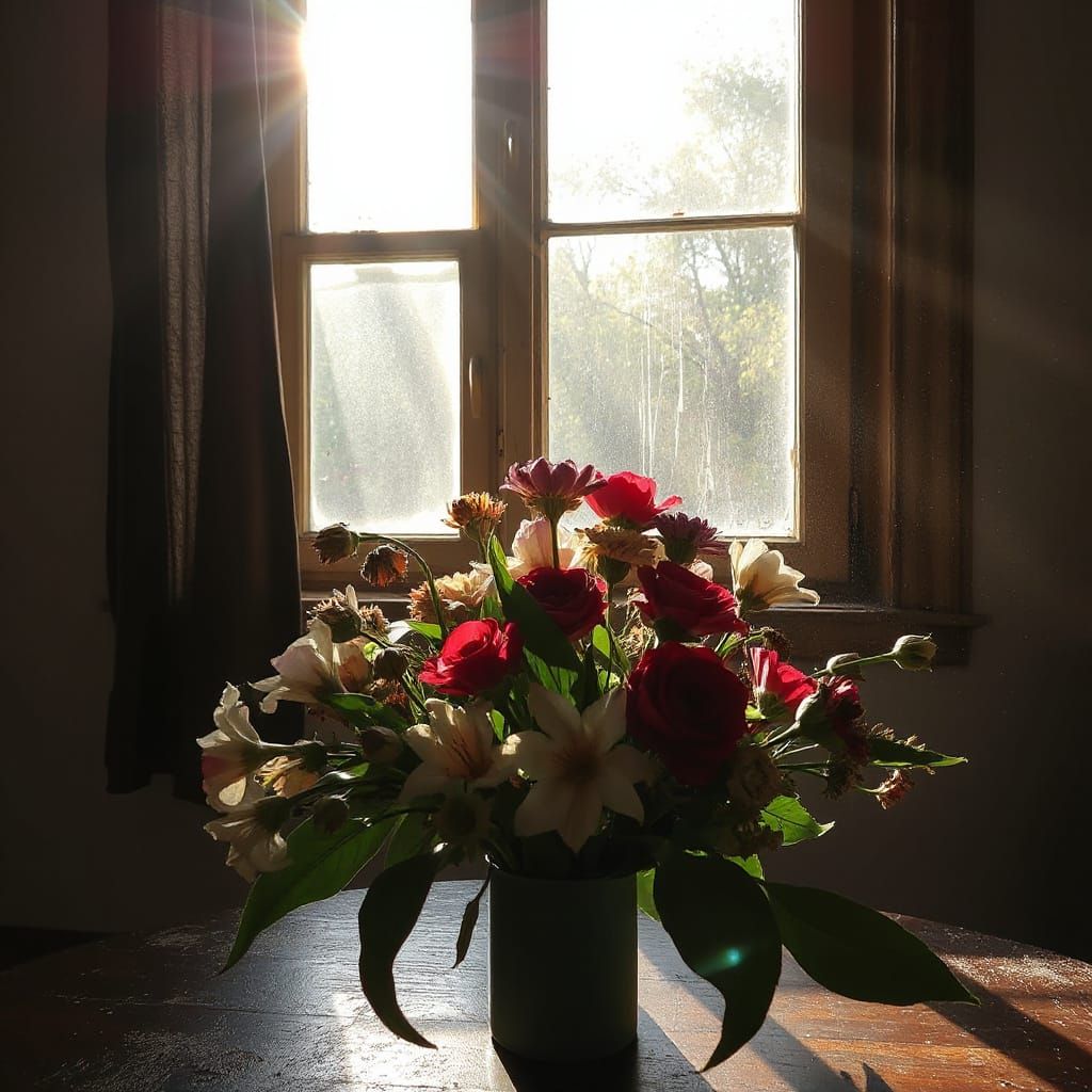 Wilting Flowers in Sunlight Through Dusty Window