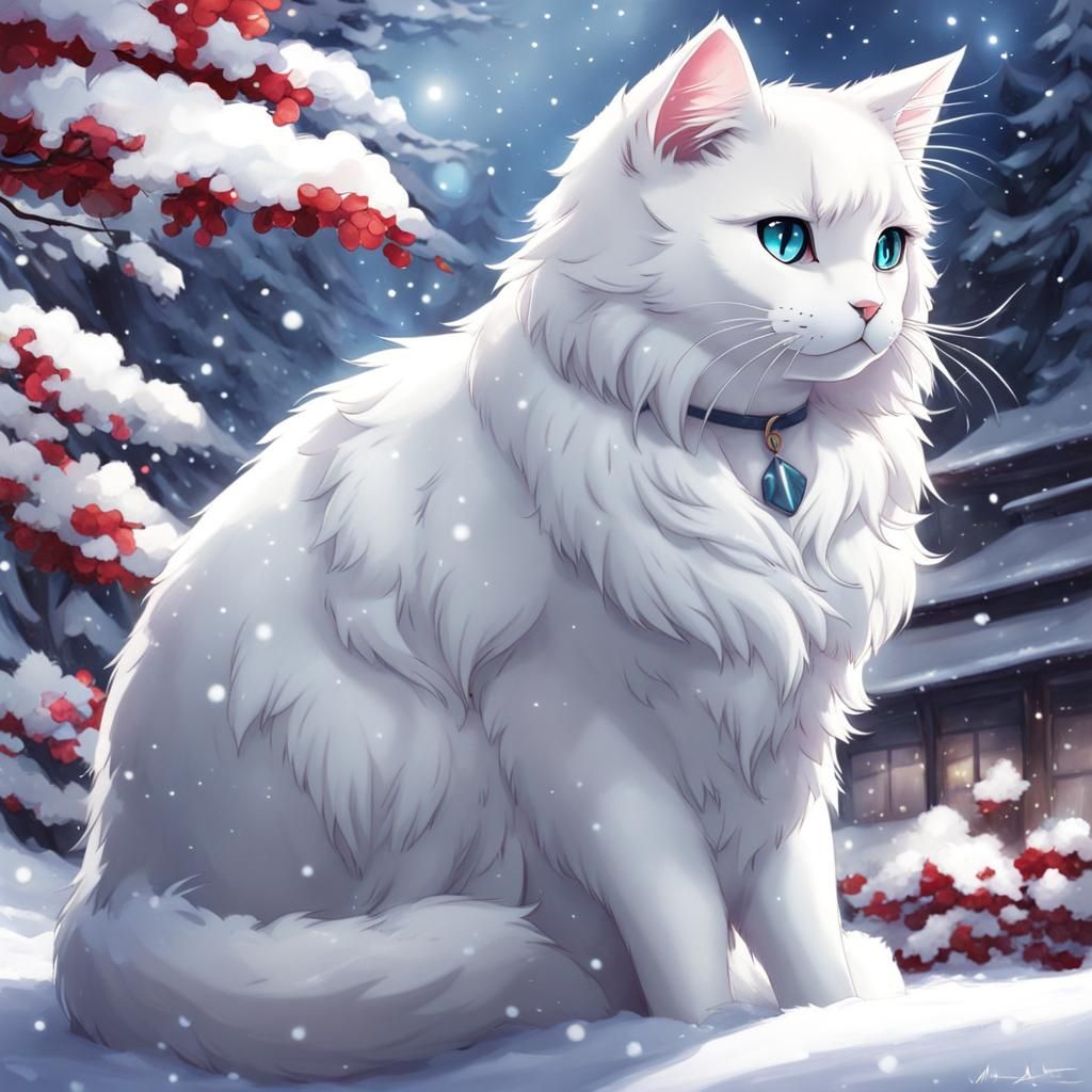 Anime Style White Cat Illustration