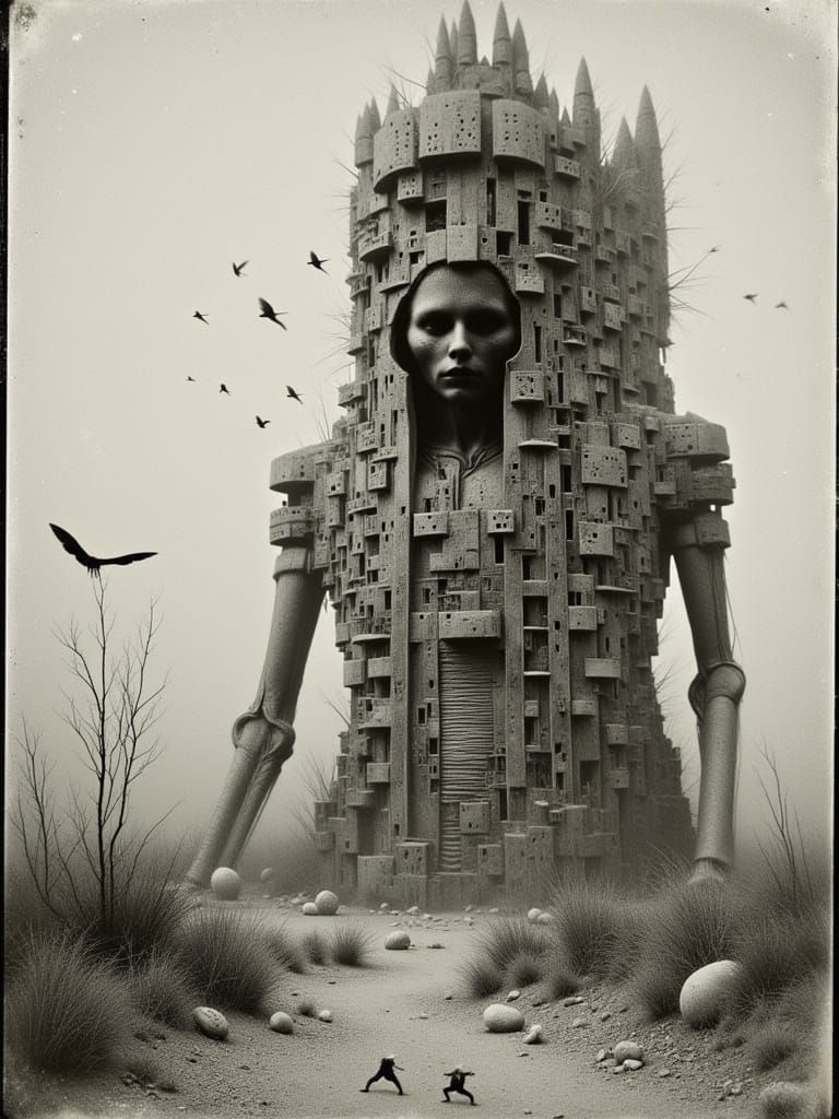 Cracked Mechanical Giant in Atomic Age Cityscape