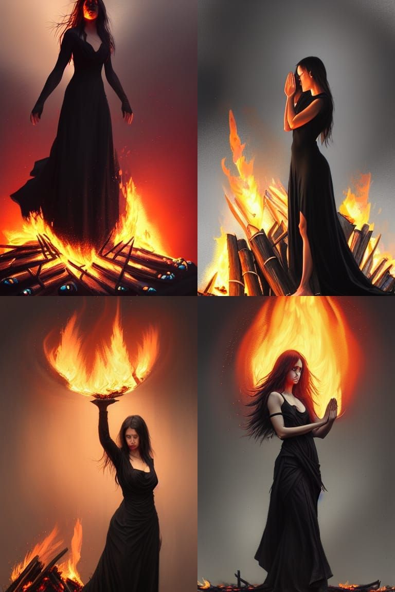 Woman on Burning Pyre: Dark Fantasy Portrait