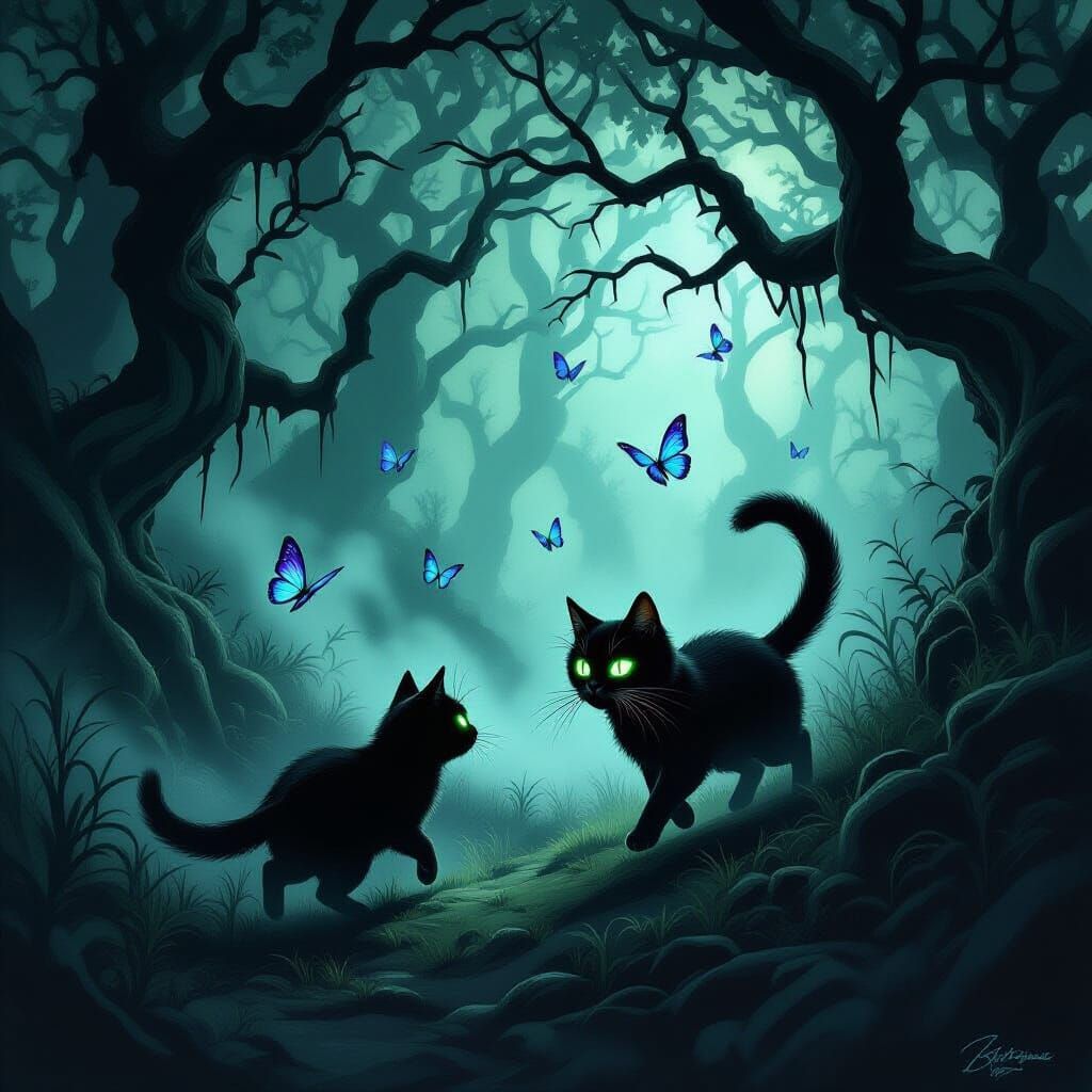 Black Cat Chases Butterflies in Dark Fantasy Forest