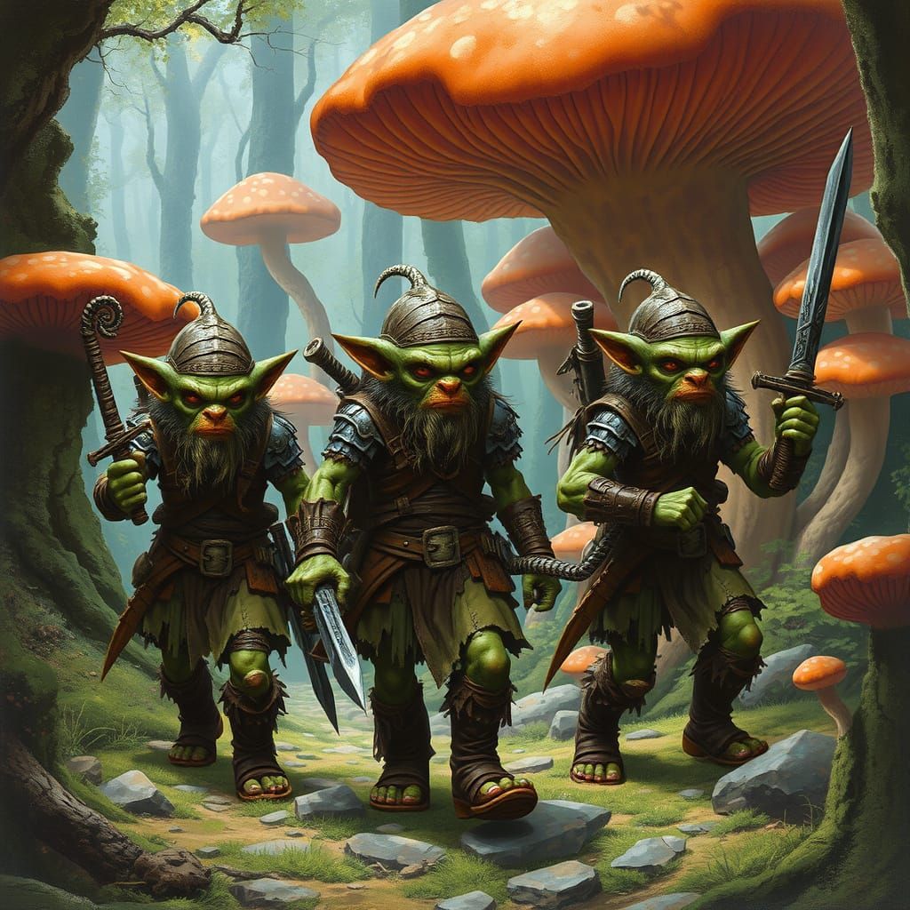 Goblin Warriors in a Fungal Forest: Dark Fantasy Art