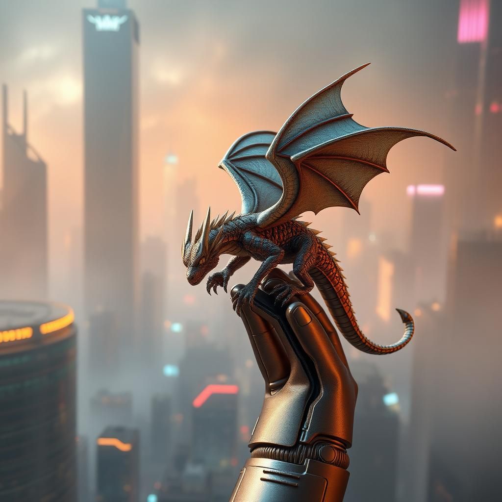 Iridescent Dragon Perched on Metallic Finger