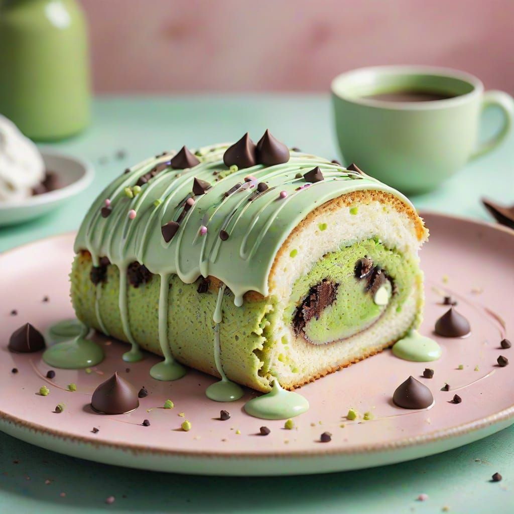 Whimsical Matcha Roll Cake in Watercolor Brushstrokes