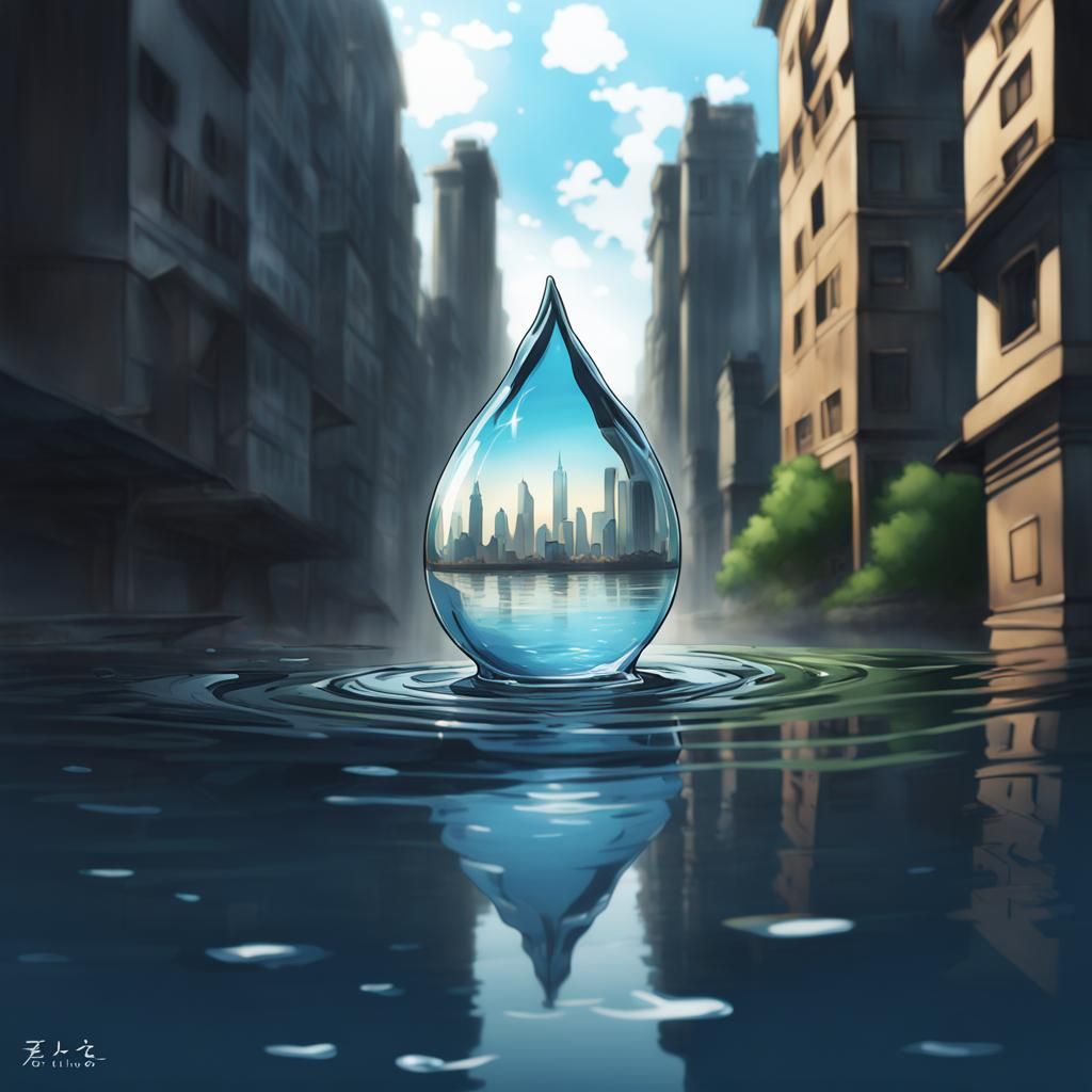 City in Water Droplet: Anime-Style Manga Art