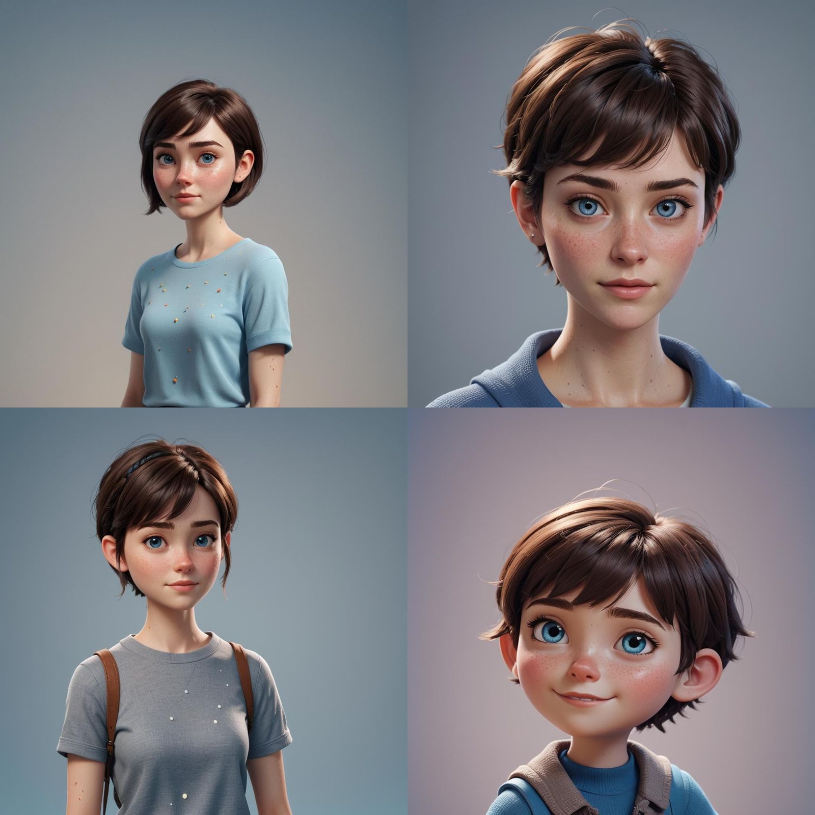 Pixar-Style Portrait of a Freckled Girl with Pixie Cut