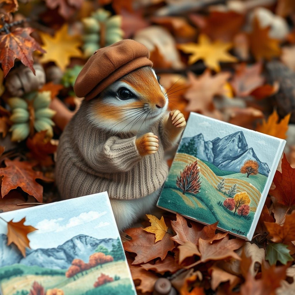 Whimsical Autumn Landscape Painting by a Chipmunk Artist