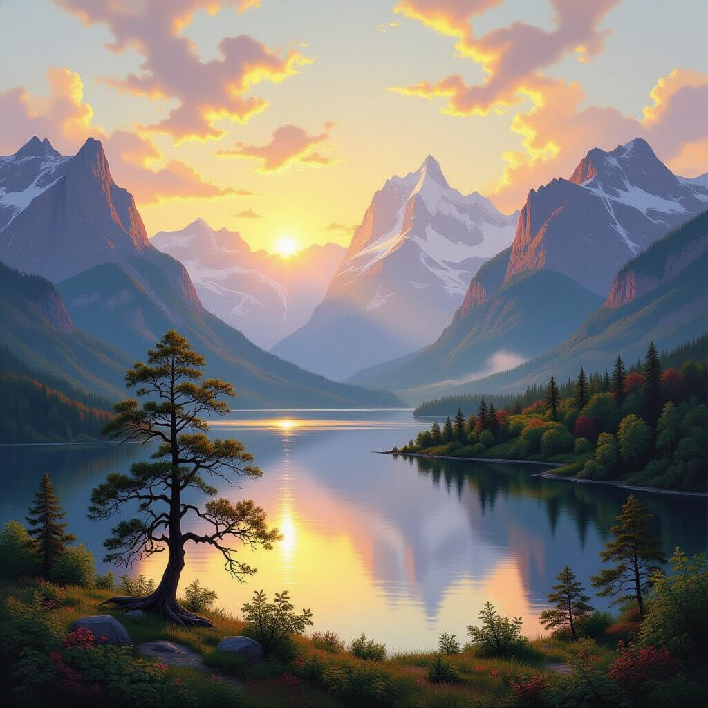 Majestic Mountain Landscape in Golden Hour Oil Painting Styl...