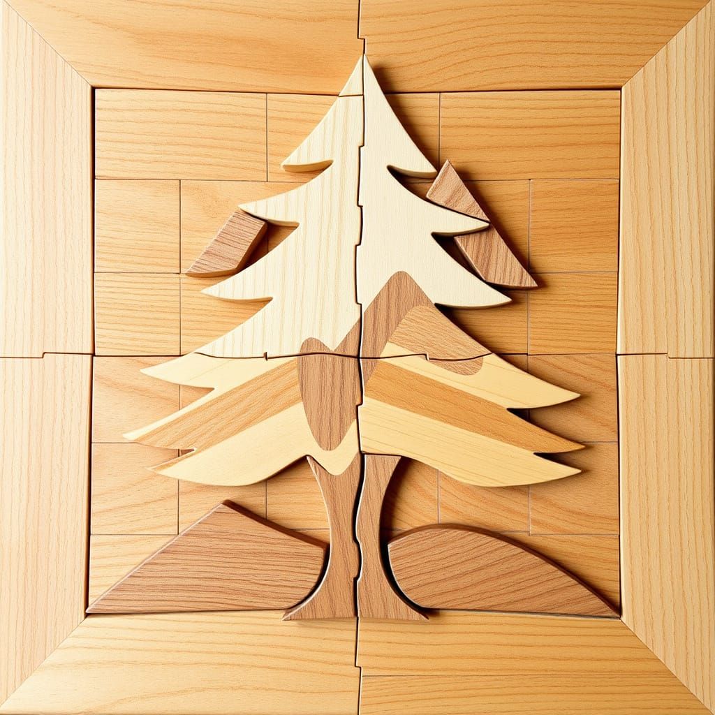 Interlocking wooden shapes forming a nature-inspired puzzle ...
