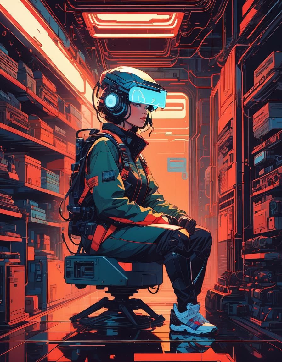 Mechanical Woman Fixing Van in 80s Anime Style