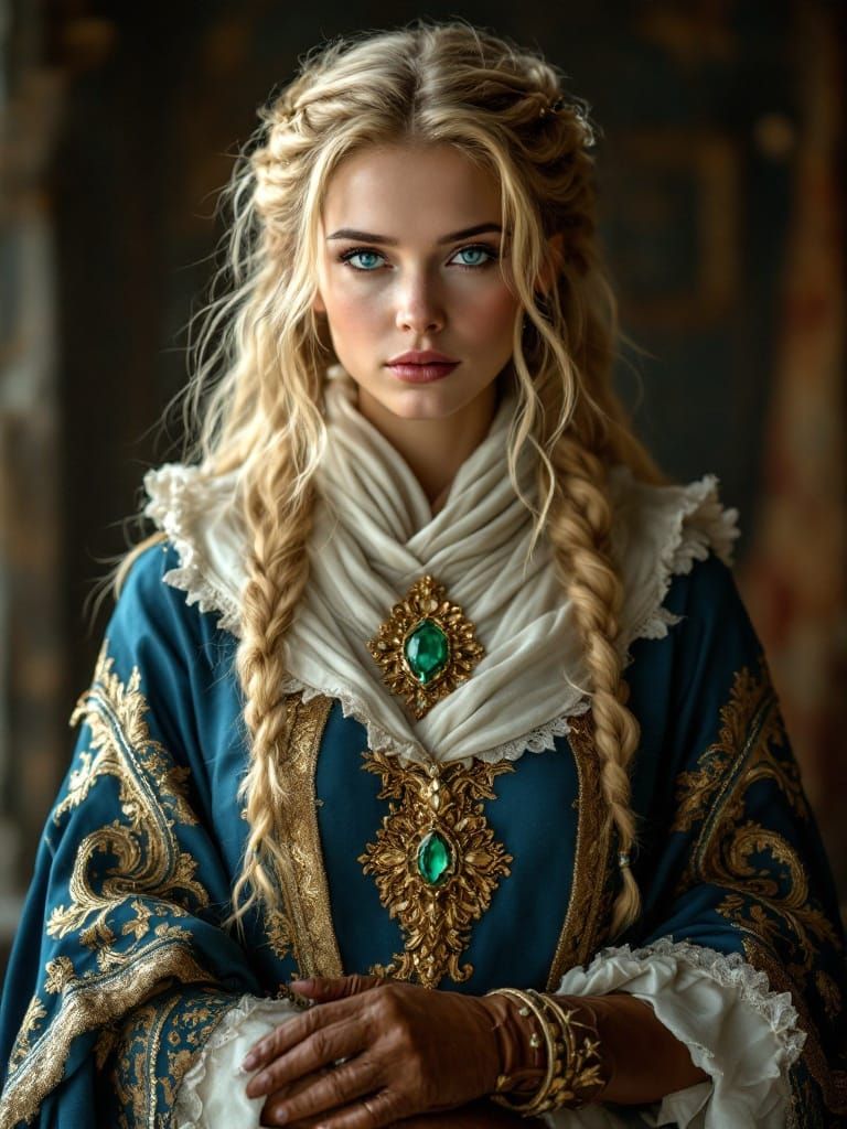 Medieval Noblewoman in Blue and Gold: Cinematic Portrait