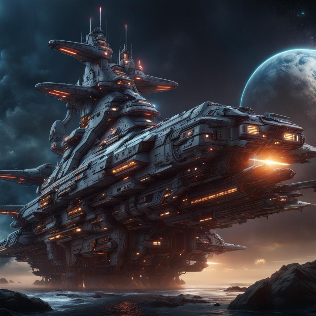 Sci-Fi Space Battleship Concept Art in 8K