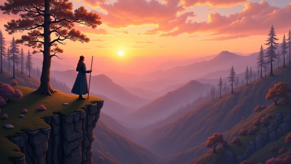 Ethereal Landscape with Enchanted Wanderer in Sunset Glow