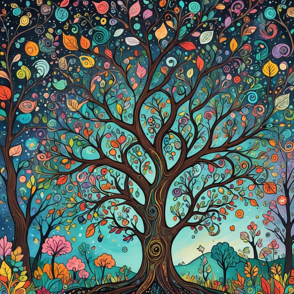 Whimsical Doodle Forest with Twinkling Stars