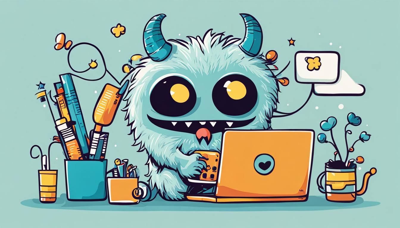 Adorable Monster Working on Computer in Stick Art