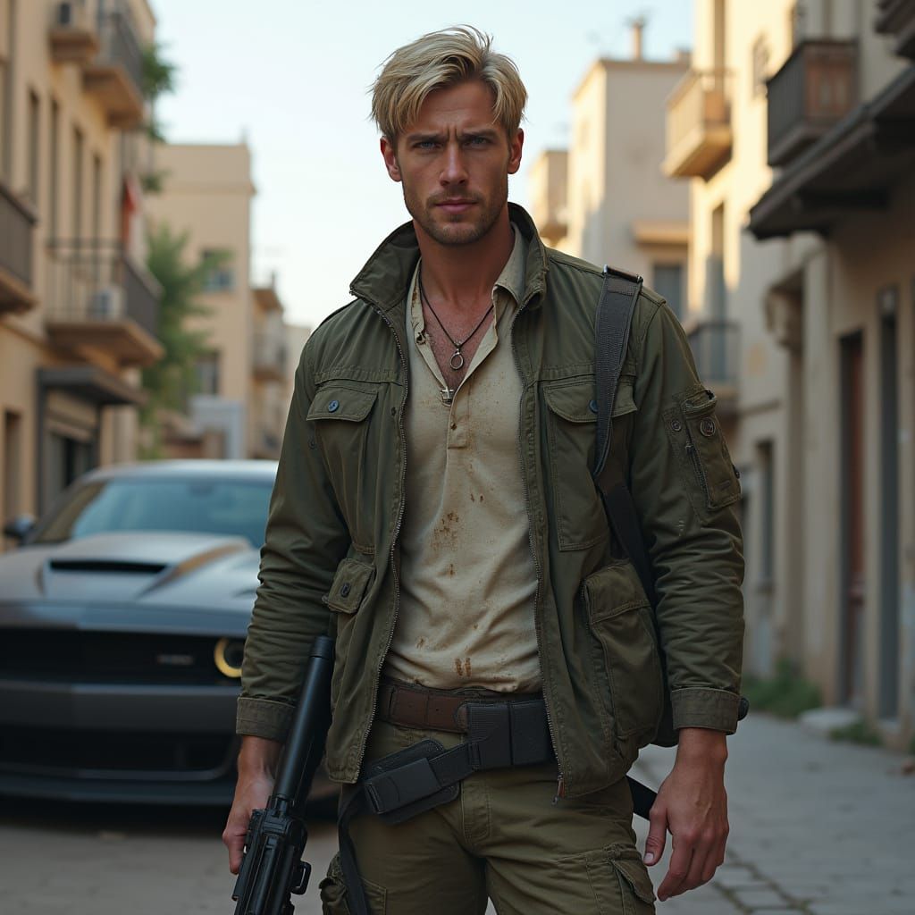 Hyper Realistic Man With Rifle and Muscle Car