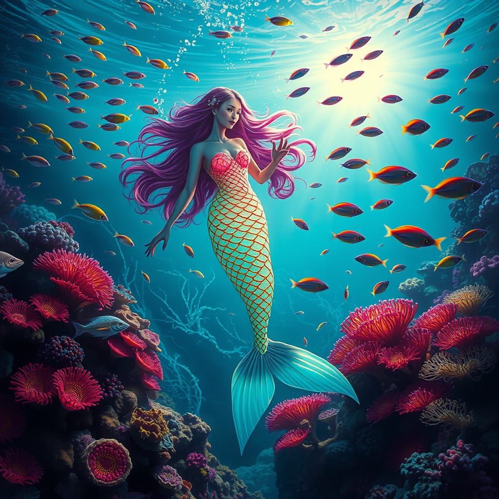Bioluminescent Mermaid in Surreal Coral Reef