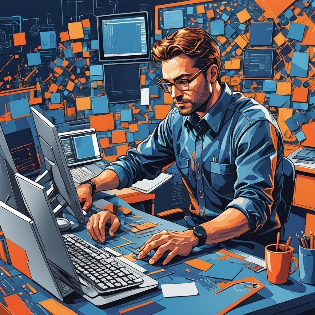 Clipart of Worker at Computer in Abstract Art Style