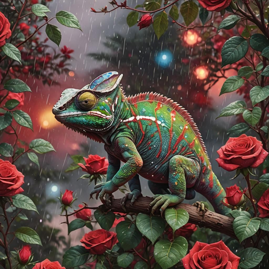 Chameleon on Rose Bush in Cosmic Style