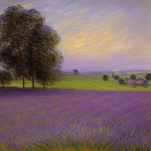 Lavender Field Painting at Dawn in Romantic Style