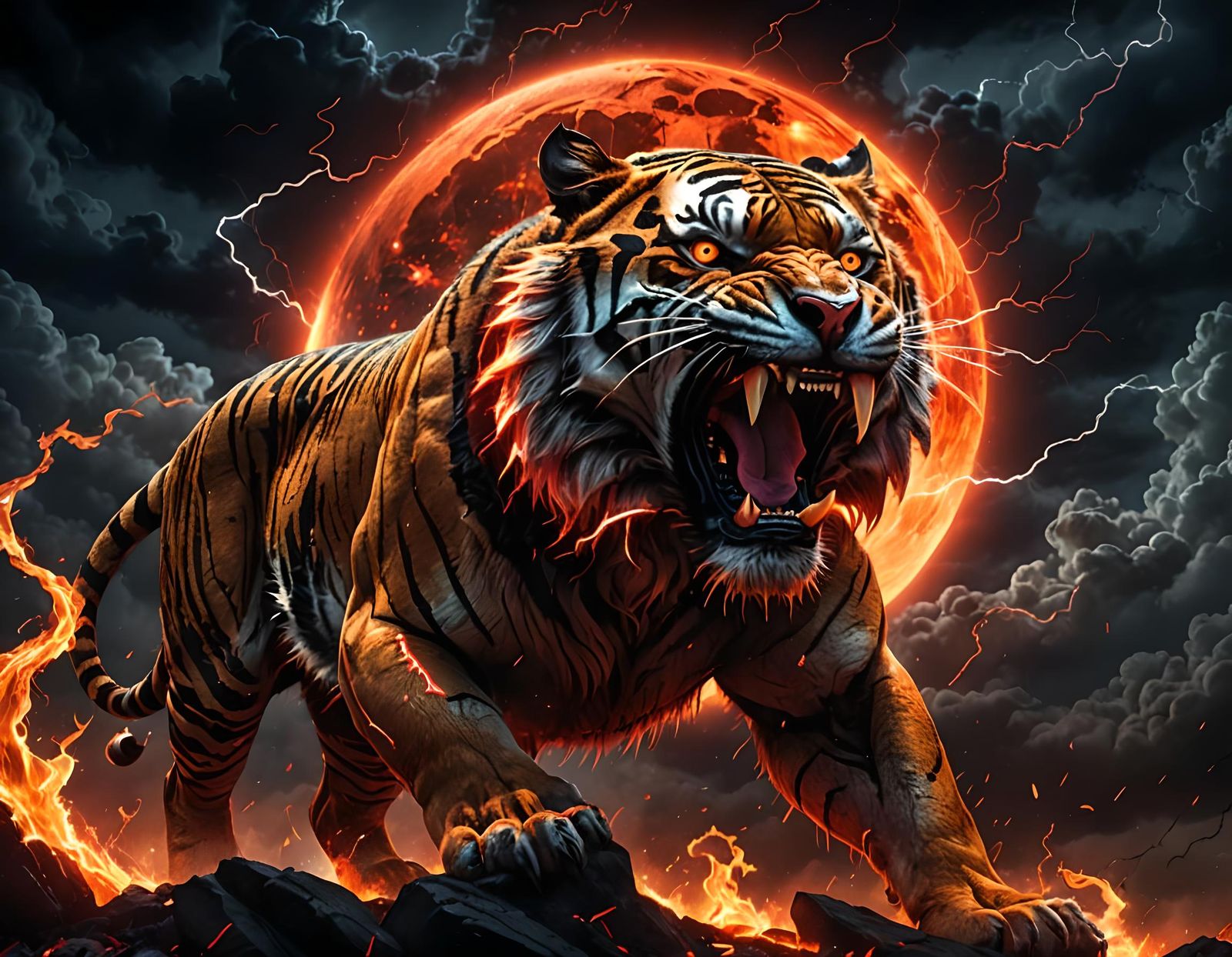 Roaring Tiger Under Red Moon in Fantasy Art