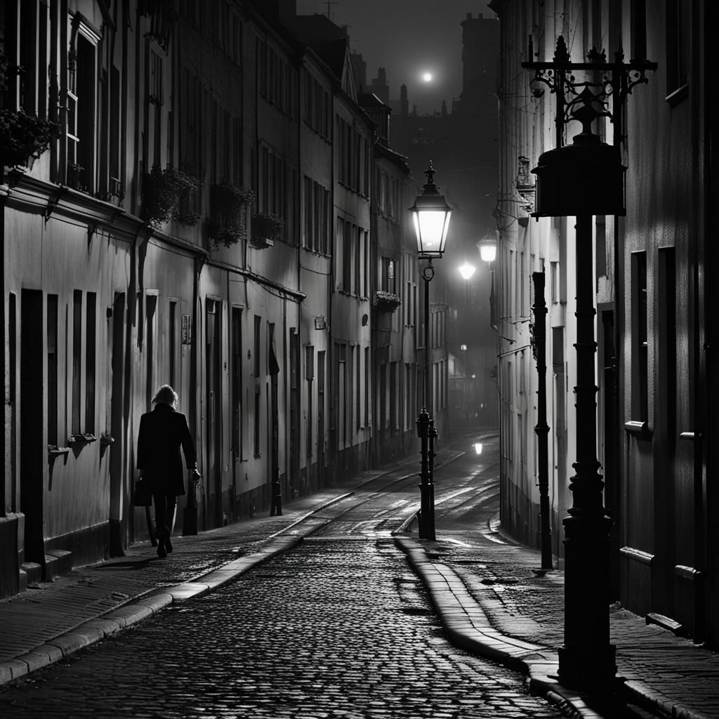 Neon Lit Cobblestone Street at Night