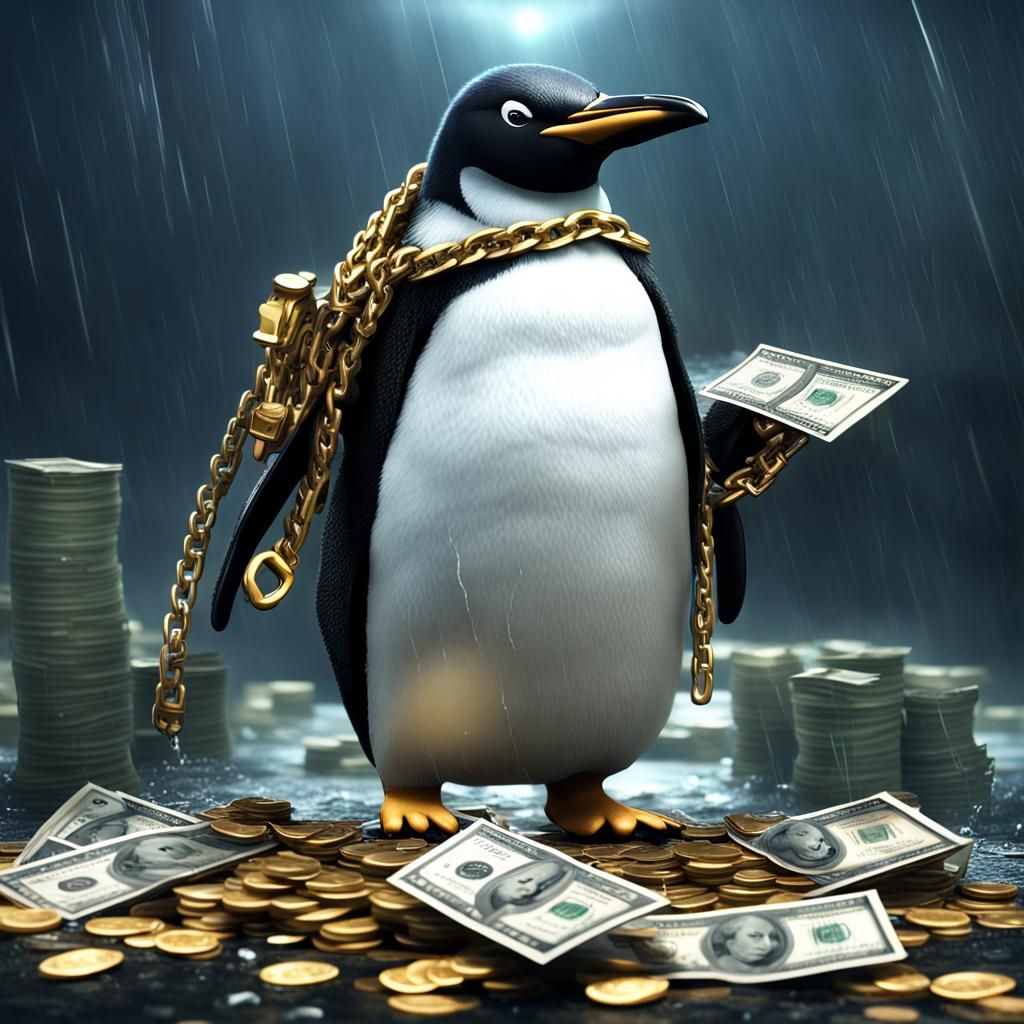 Penguin Gangster in Arctic Storm with Cash