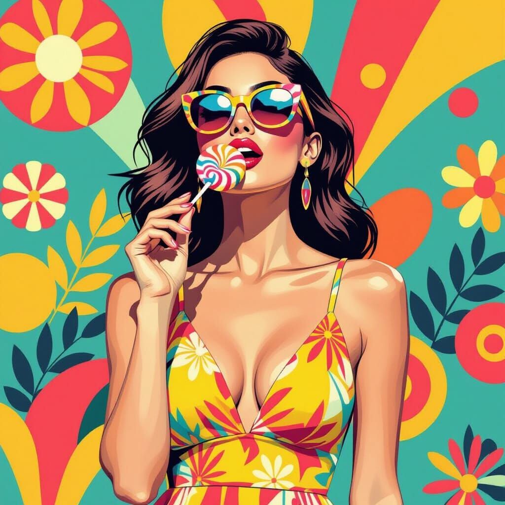 Woman Sucking Lollipop in Pop Art Style