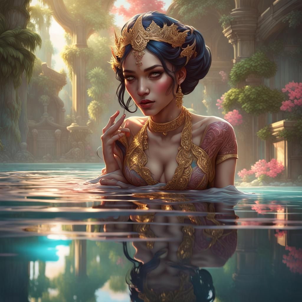 Indonesian Princess and Reflection: Hyperdetailed Splash Art