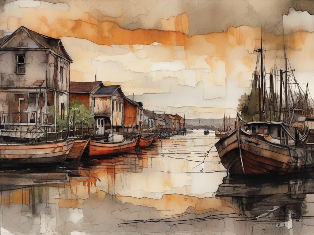 Ethereal Twilight Seaside Harbor in Modern European Ink Styl...