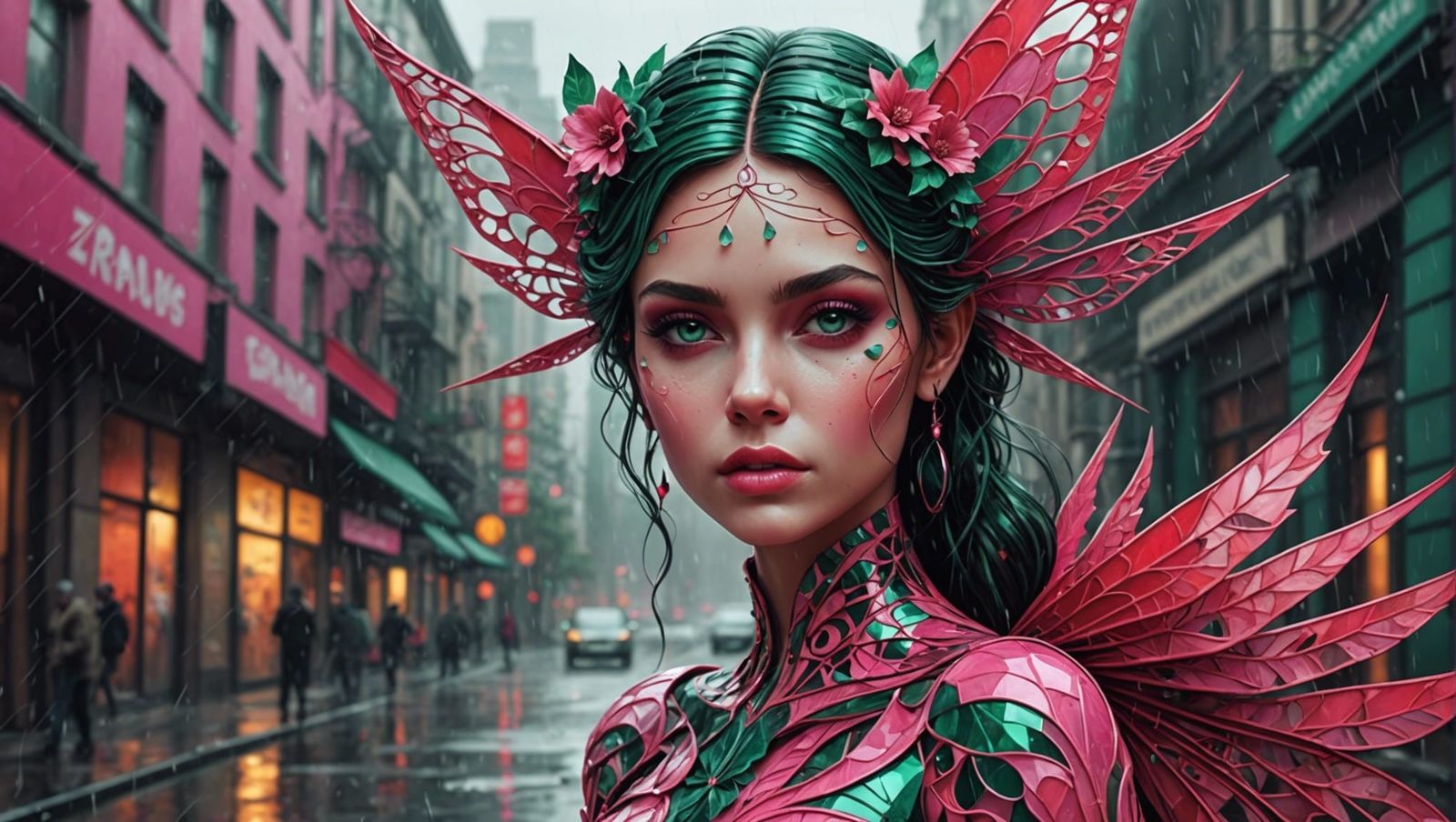 Melancholic Fairy in Rainy Cityscape: Abstract Digital Art