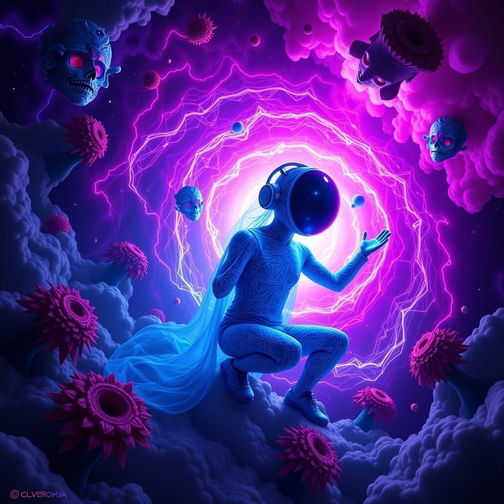 Cosmic Explorer Drifting Through Alien Nebula