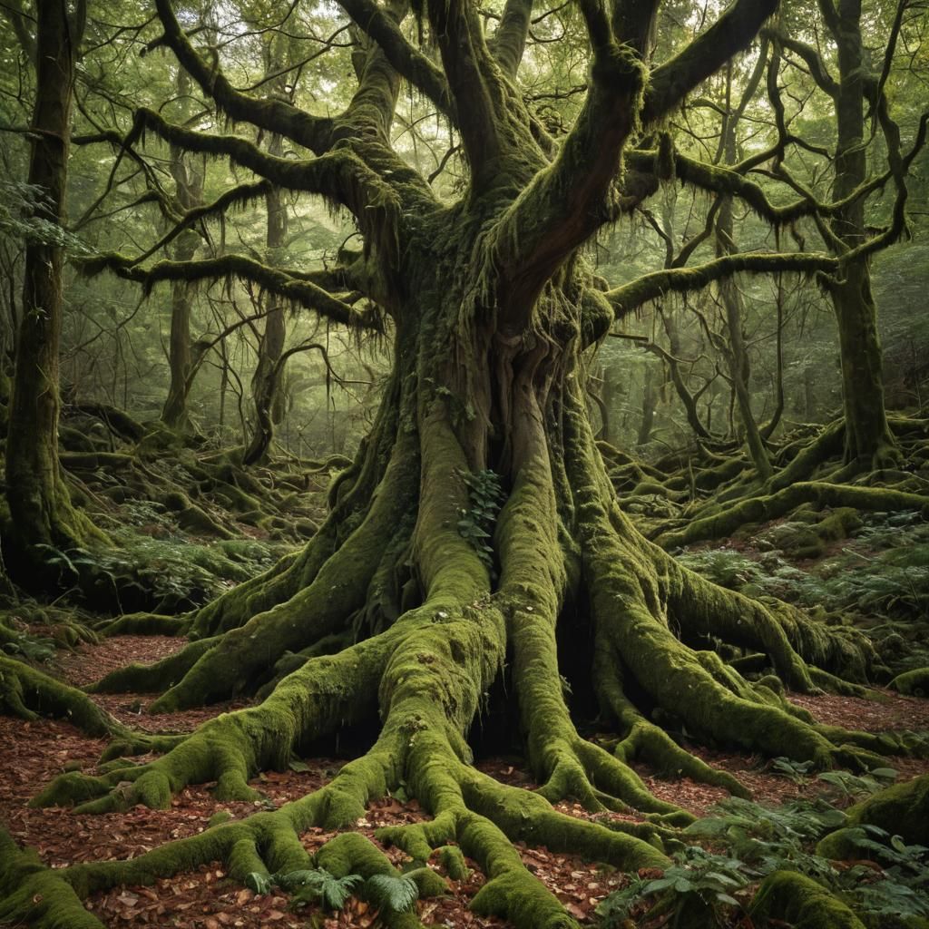 Enchanted Ancient Tree in Dreamlike Gouache Style