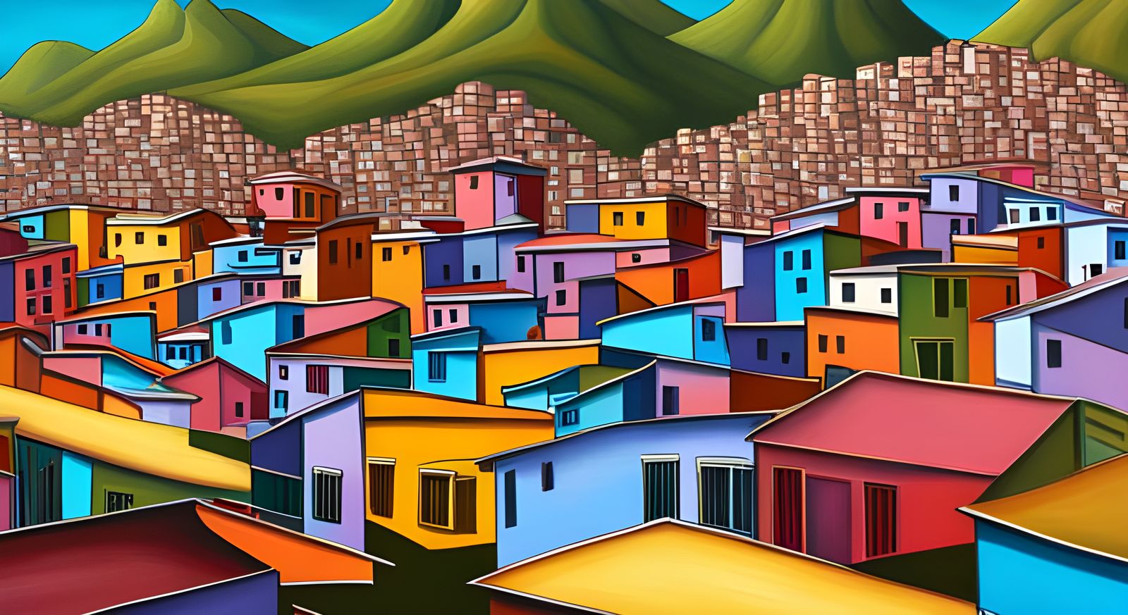 A landscape painting of the Brazilian favela in George Callaghan style. Highly detailed, very intricate, bright pastel c...