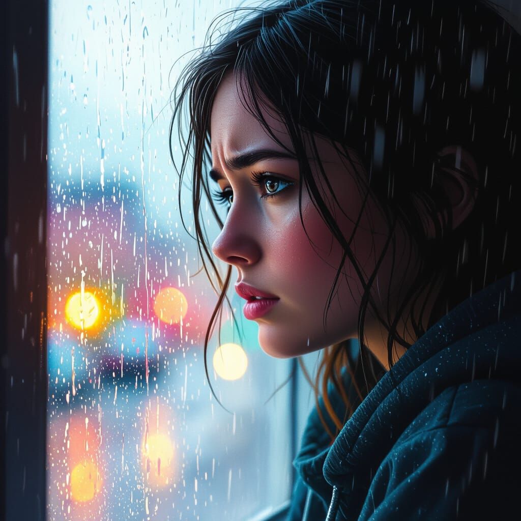 Melancholy Rain: A Hyperrealistic Splash Art Portrait