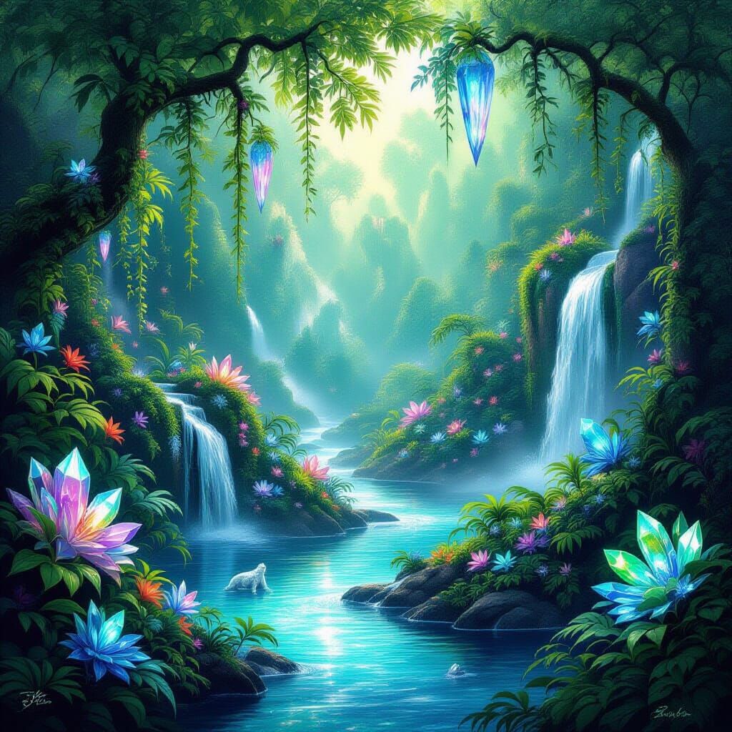 Crystal Jungle Fantasy Landscape with Rainbow Light