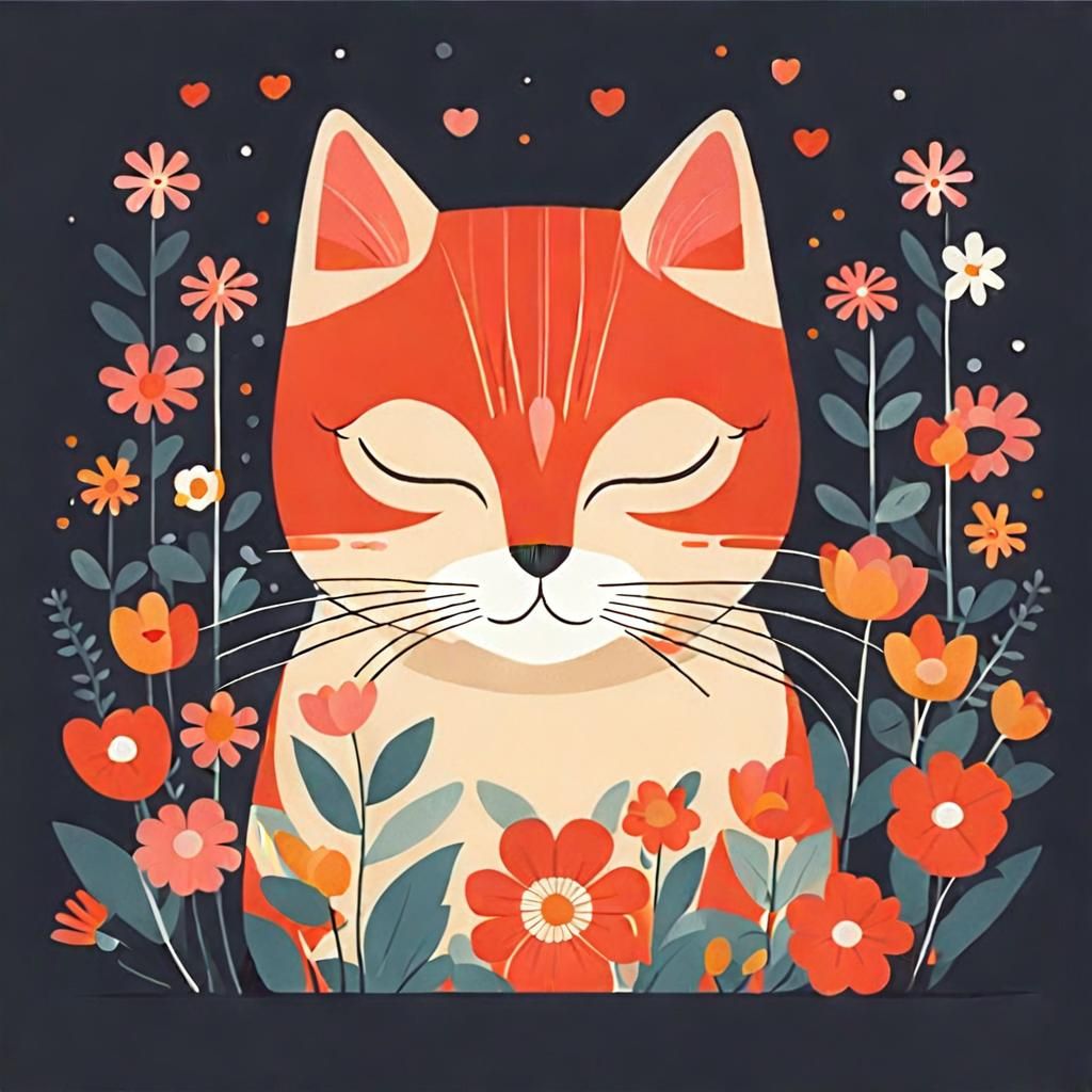 Cute Cat Surrounded by Flowers in Digital Illustration Style