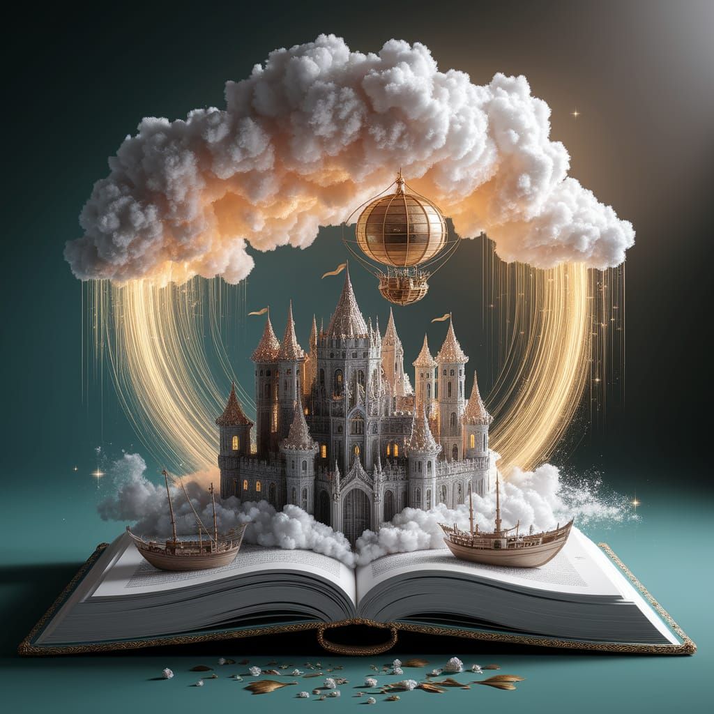 Steampunk Airship Above Cloud Castle Village from Open Book