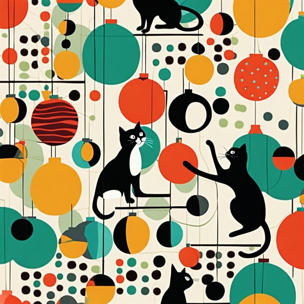 Retro Mid-Century Cat with Christmas Baubles