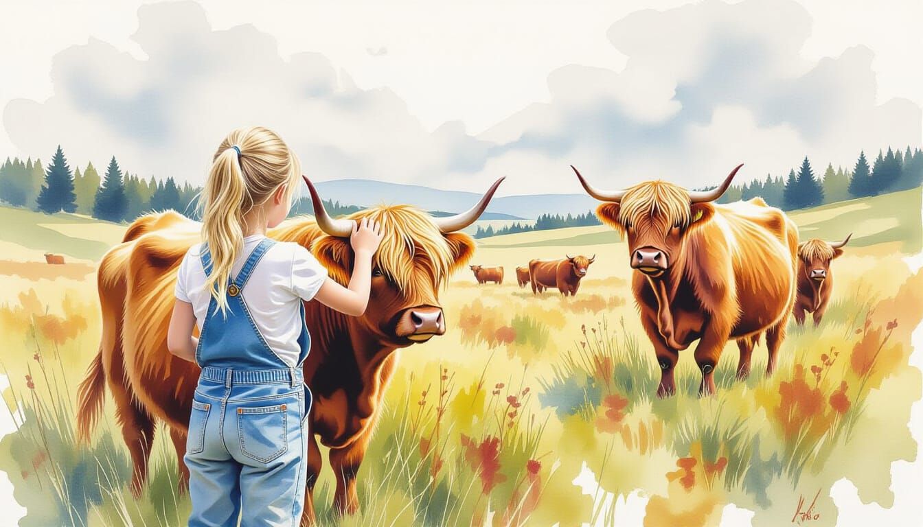 Girl and Highland Cow in Harmonious Watercolor