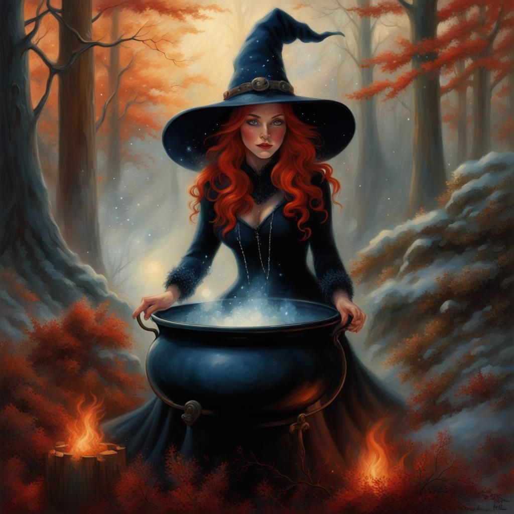 Ethereal Woodland Witch in Snowy Winter Scene