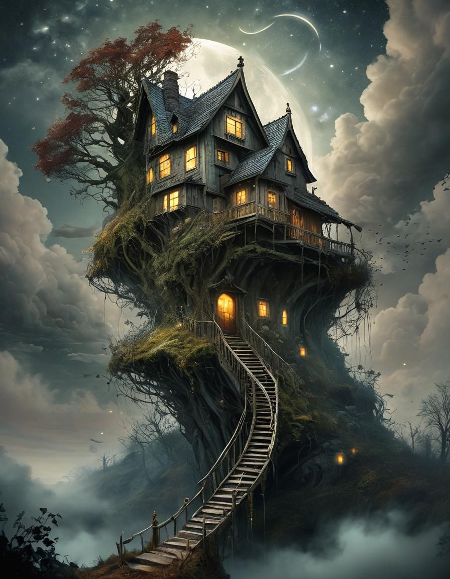 Haunted House Sunset: Digital Watercolor Illustration