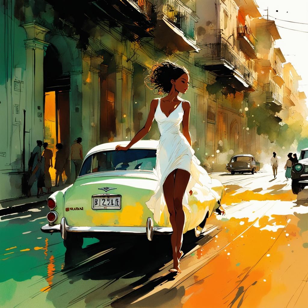 Beautiful Cuban Woman Portrait in Aquarelle Style