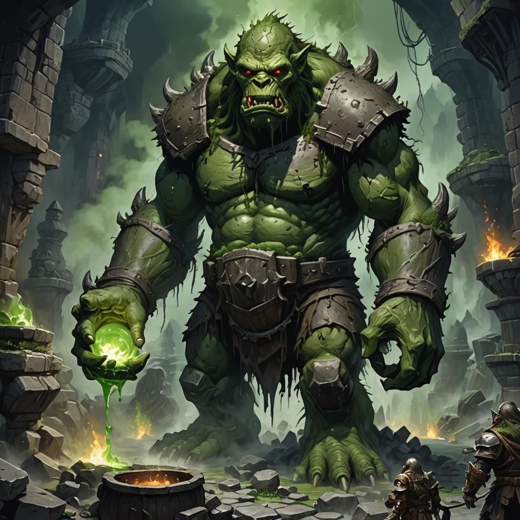 Stone Golem Troll Giant with Boiling Cauldron