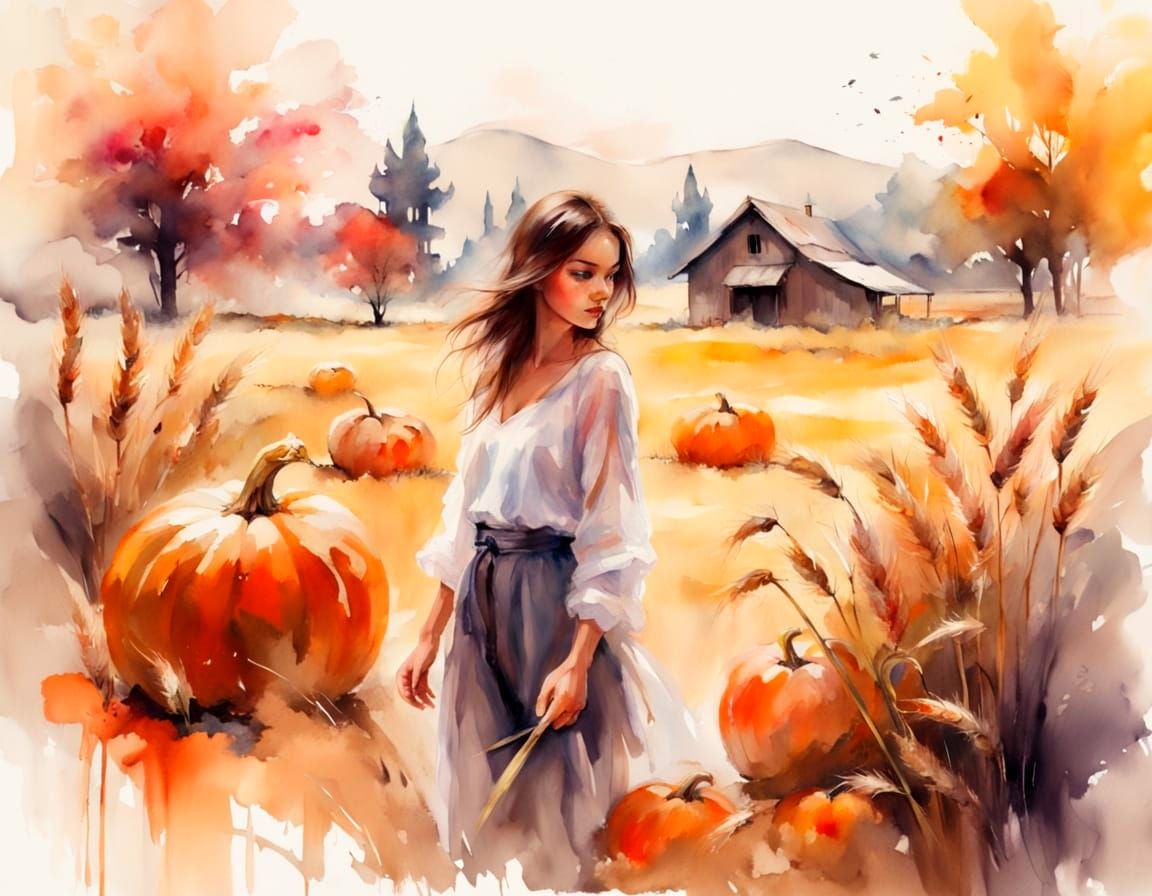 Ethereal Watercolour of Autumn Farmland with Red Barn