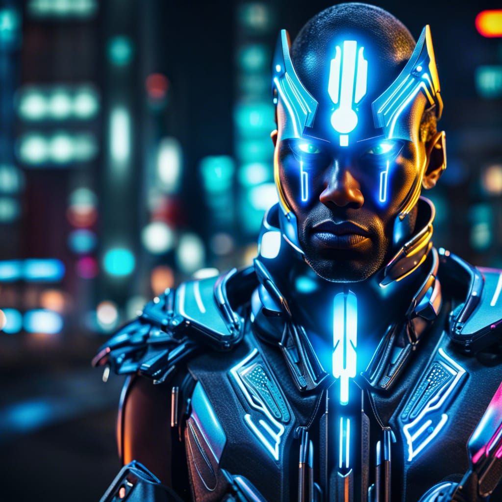 Portrait of a cyborg Wizard wearing futuristic face armor in a neon city at night