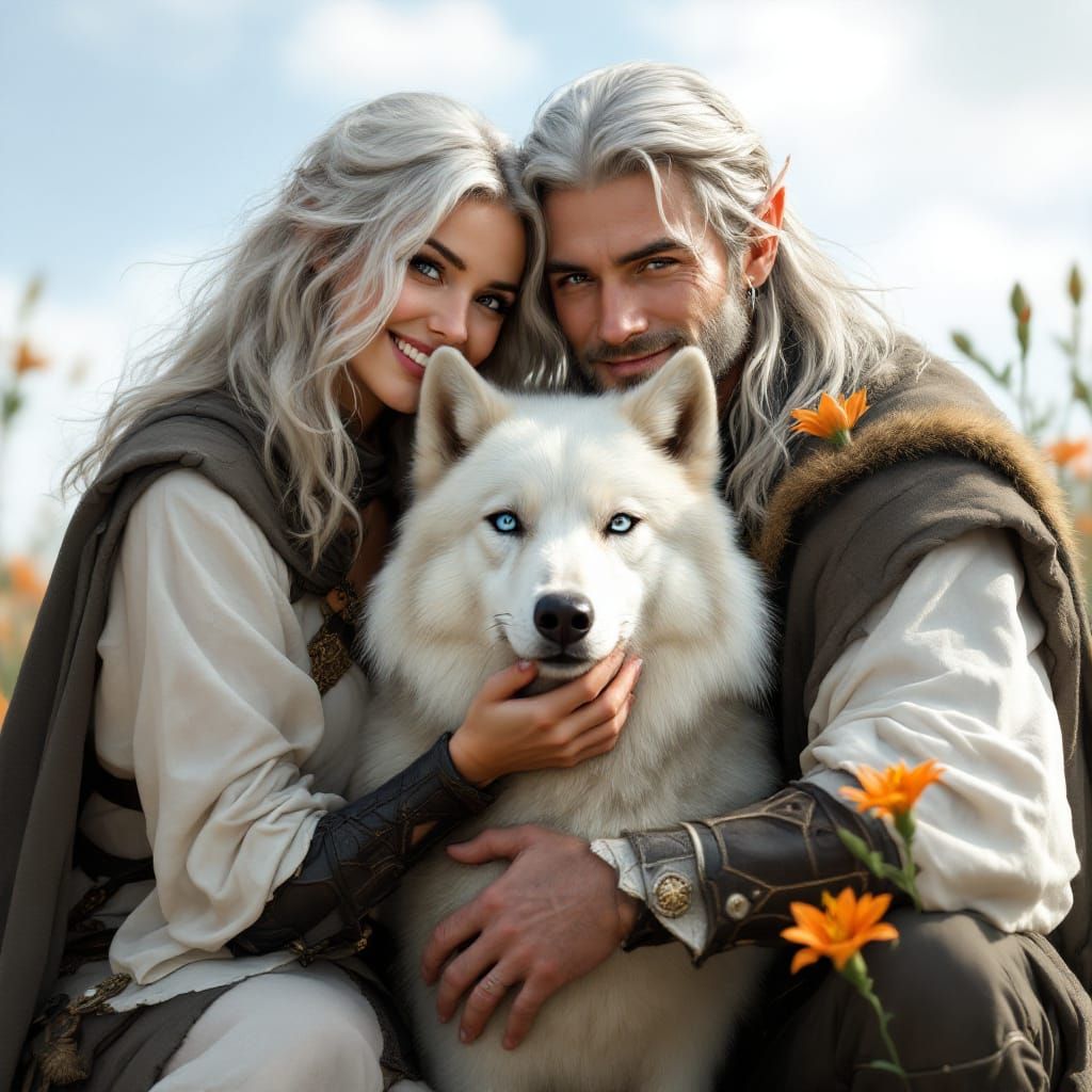 Fantasy Woman and Elf Embrace with Wolf