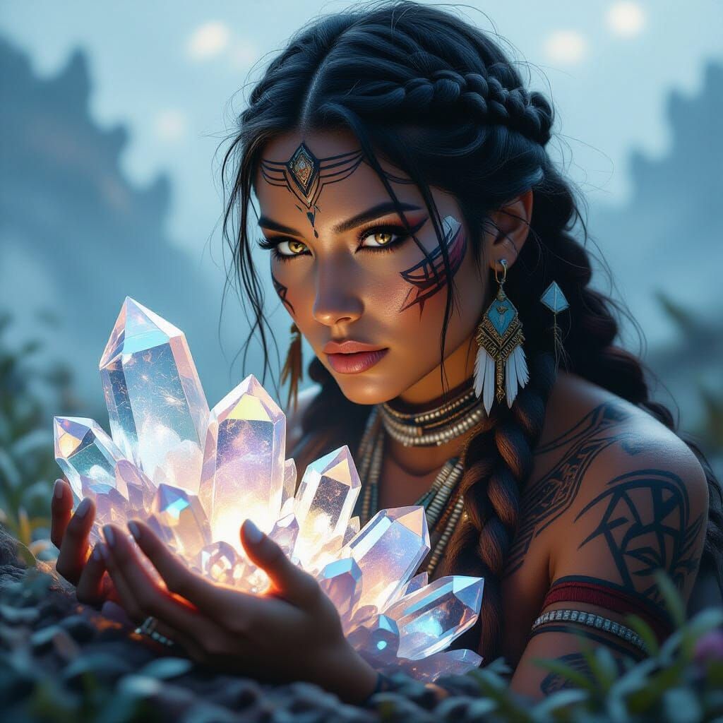 Native American Woman Gazes at Pulsing Crystals, Ethereal La...