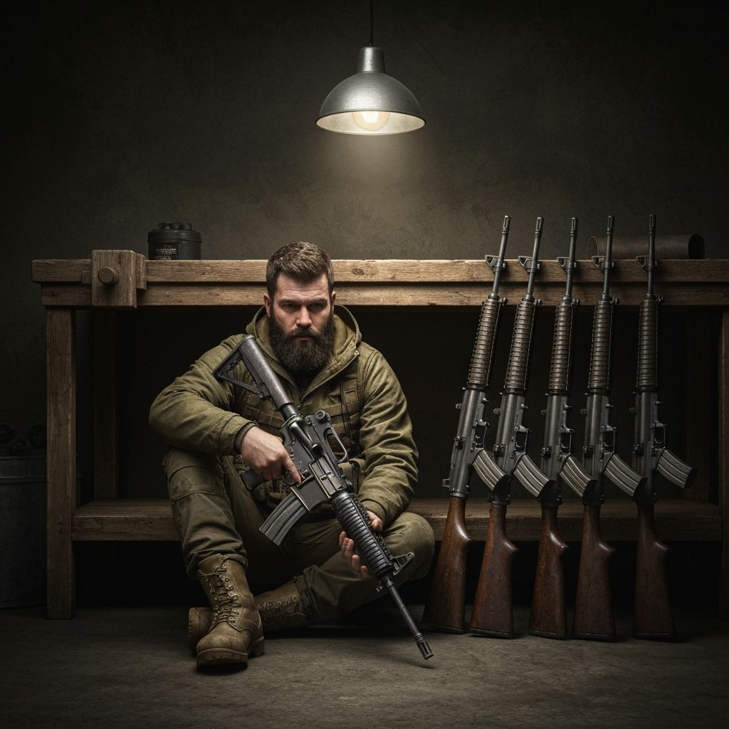 Man with Rifles in Gritty Industrial Scene